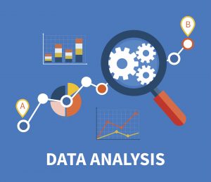 Banner with focused magnifying glass on gear and multicolored pie chart with name Data analysis on blue background. 