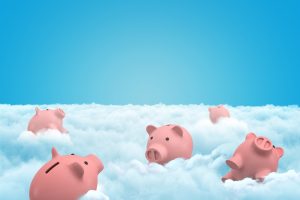 3d rendering of five piggy banks in the clouds.