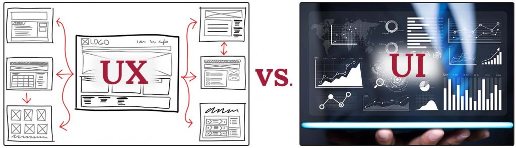 Sketch of multiple pages in a website design beside an image of a well-designed data visualization shown on a laptop.  The two images are contrasted with the text versus between them. 