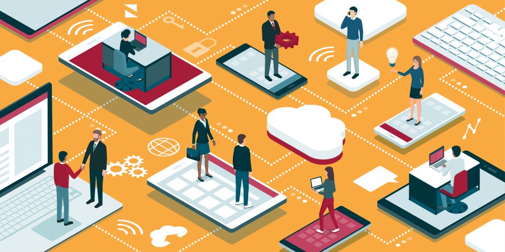 Illustration of individuals working connecting through different technologies.